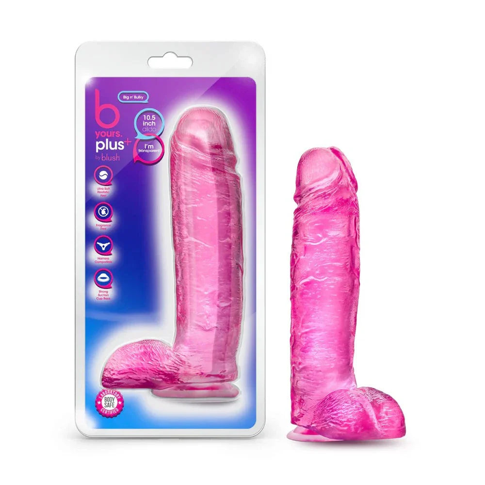 B Yours Plus Big n' Bulky 10.5 inch pink realistic dildo with balls and suction cup base for hands-free and strap-on use.