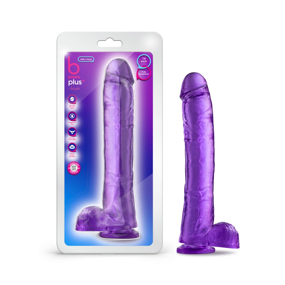 B Yours Plus Hefty n' Hung 14 inch purple dildo with balls and suction cup base for hands-free play