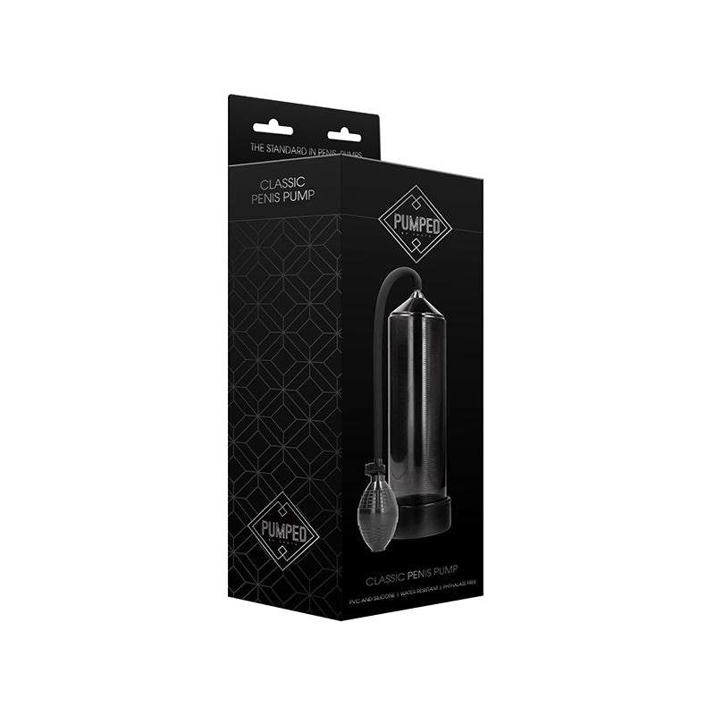 Pumped Classic Penis Pump black with 9-inch clear cylinder, silicone sleeve, and squeeze ball pump for enhanced intimate performance