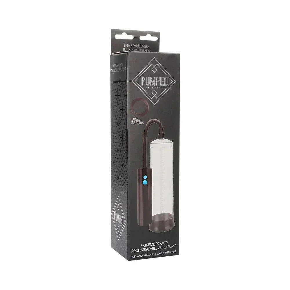 Pumped Extreme Power rechargeable automatic clear penis pump for enhanced sexual performance and erection quality.