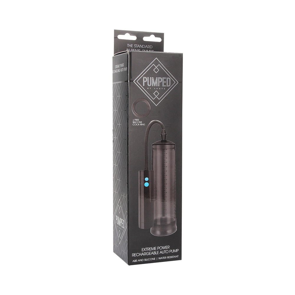 Pumped Extreme Power rechargeable automatic penis pump in black with vacuum technology for erection enhancement and long-term penile health.