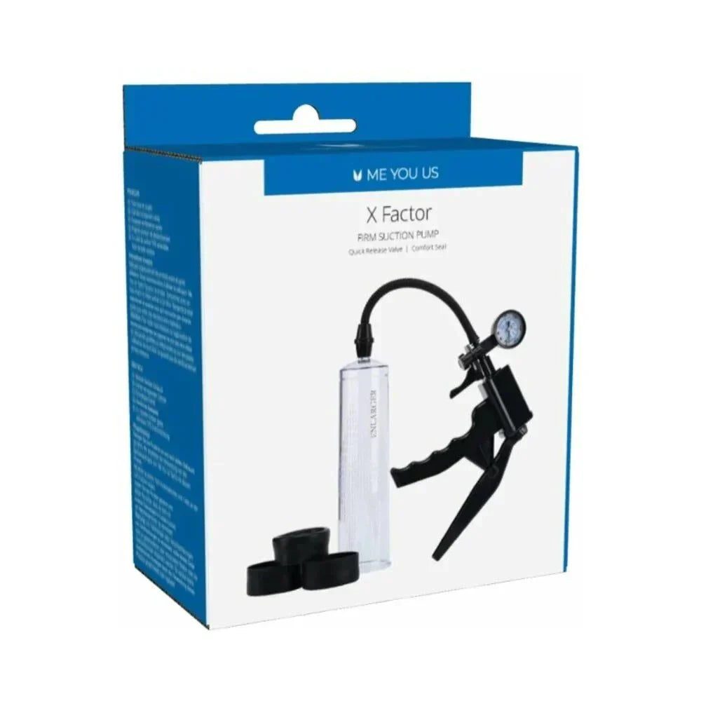 Me You Us X Factor Penis Pump with transparent cylinder, pressure gauge, hand pump, and three sleeves for size customization in blue and white packaging