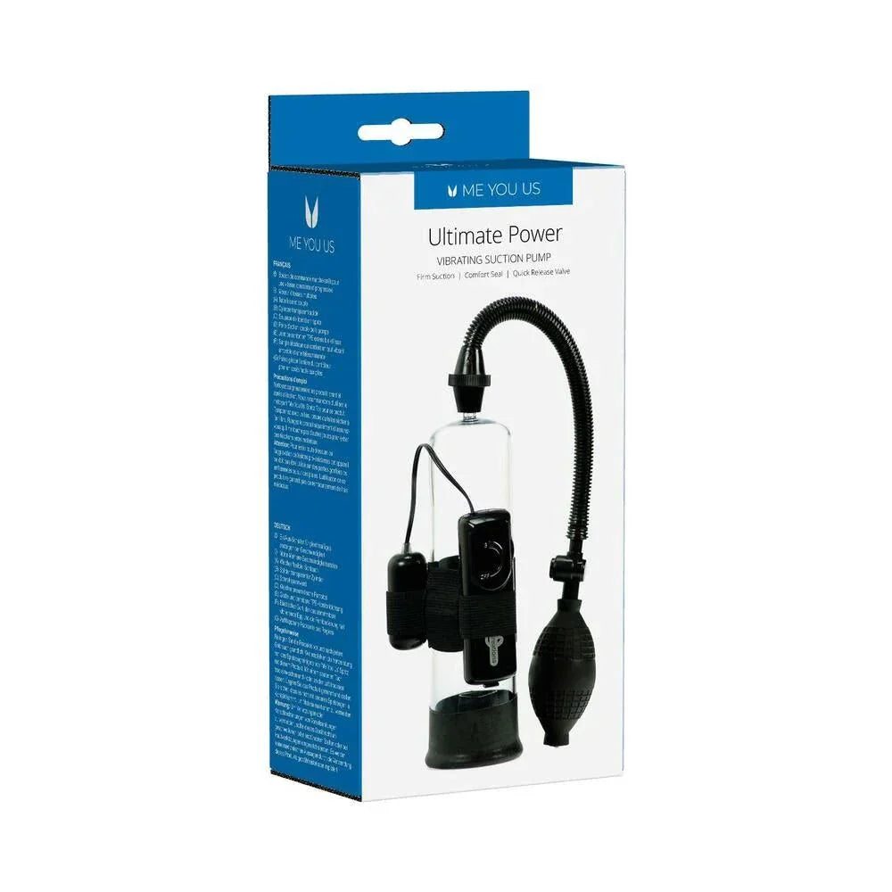 Me You Us Ultimate Power vibrating penis pump in black with multi-speed motor and comfort seal for enhanced pleasure and performance