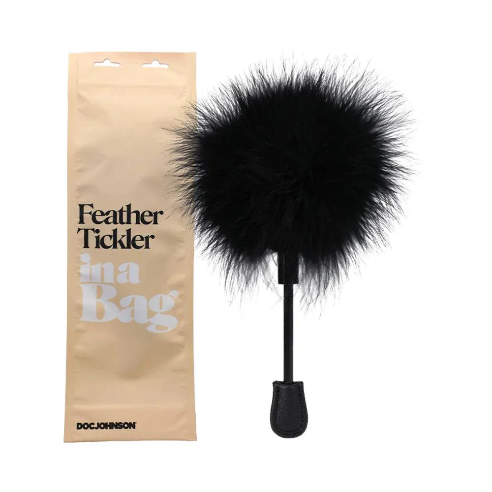 Doc Johnson Feather Tickler in black with soft feathers and stylish storage bag for sensual play and intimacy enhancement