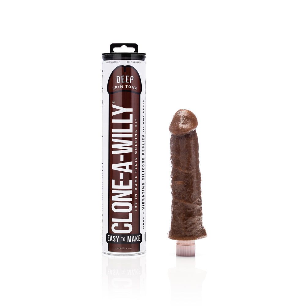 Clone-A-Willy DIY Vibrating Dildo Kit in deep skin tone with realistic silicone replica and packaging tube.