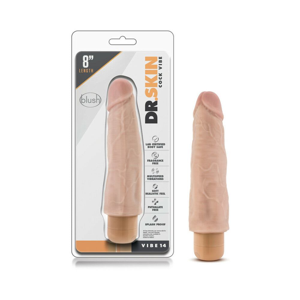 Dr. Skin Vibe 14 realistic 8-inch beige vibrating dildo with soft veiny texture and adjustable multi-speed vibrations