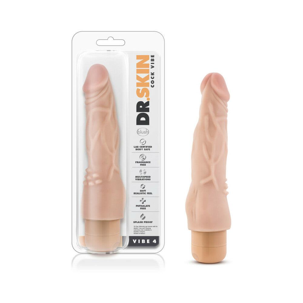 Dr. Skin Vibe 4 realistic 8-inch beige vibrating dildo with flexible shaft and multi-speed settings in packaging and standalone.