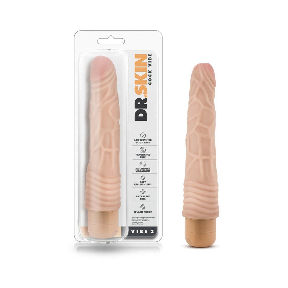 Dr. Skin Vibe 2 realistic 9-inch beige vibrating dildo with lifelike veins and flexible shaft in packaging and out.
