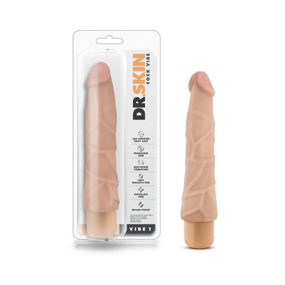 Dr. Skin Vibe 1 realistic 9-inch beige vibrating dildo with detailed texture and multi-speed vibrations