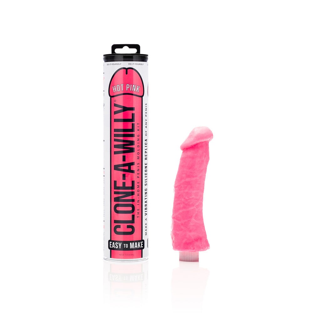 Clone-A-Willy DIY Vibrating Dildo Kit in hot pink with packaging tube and replica dildo on white background