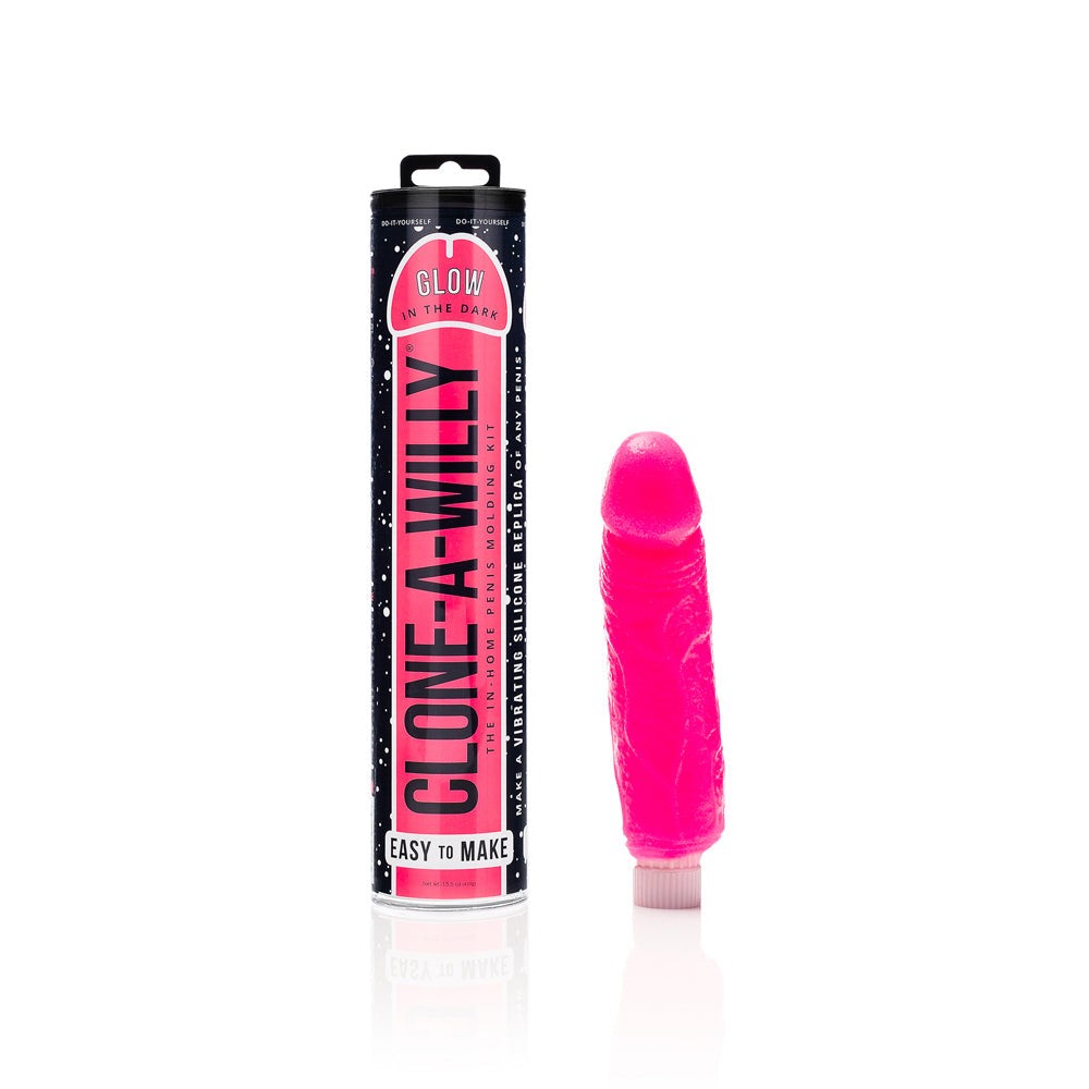 Clone-A-Willy DIY Vibrating Dildo Kit in glow-in-the-dark hot pink with custom mold and single-speed vibrator.