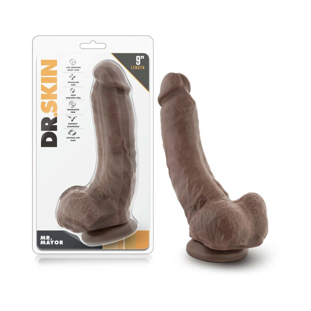 Dr. Skin Mr. Mayor realistic 9-inch brown dildo with balls and suction cup base in packaging and out of package.