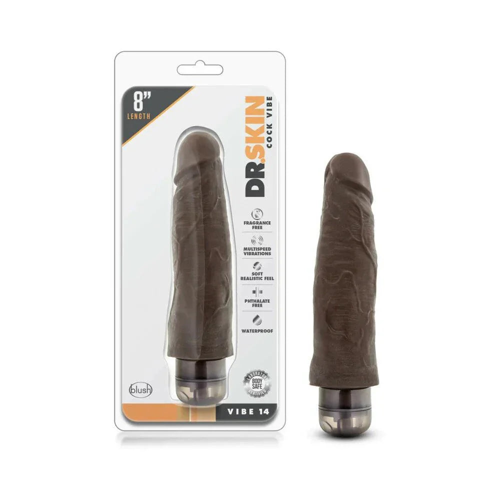 Dr. Skin Vibe 14 realistic 8-inch brown vibrating dildo with soft veiny texture and adjustable multi-speed vibrations.