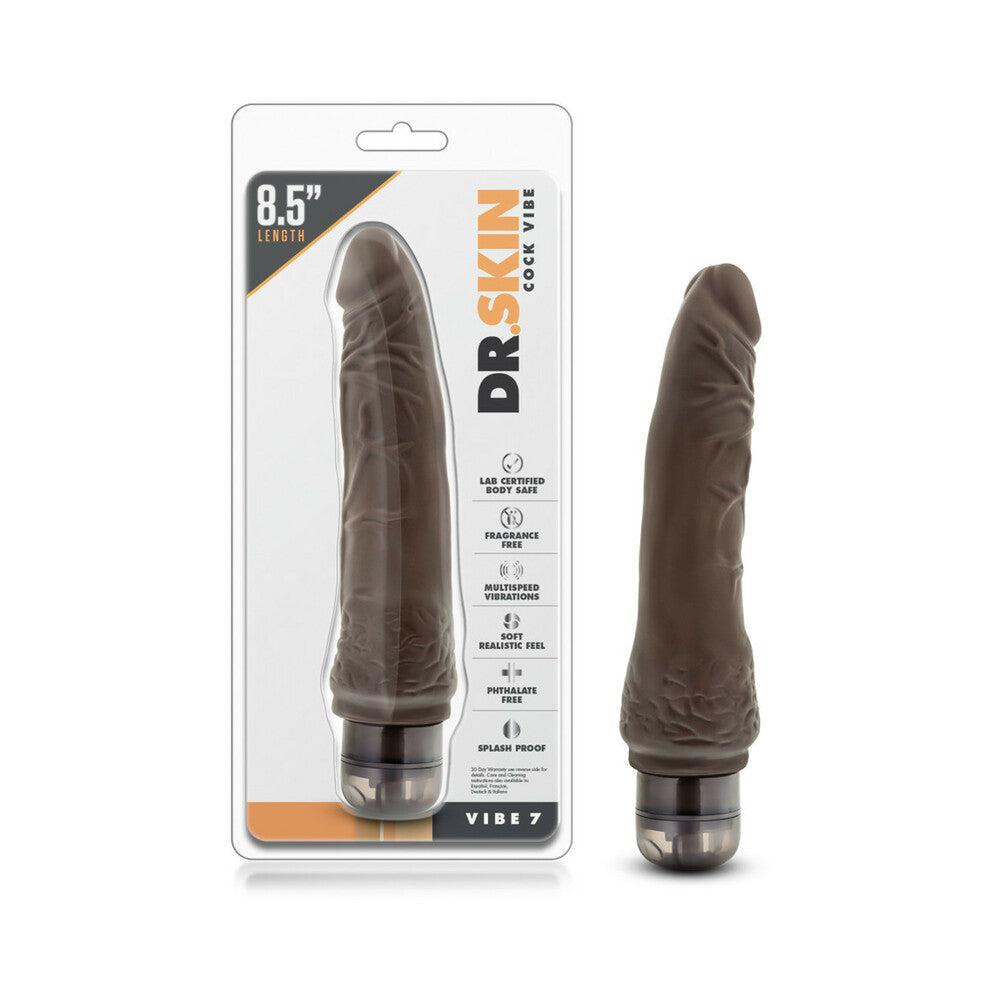 Dr. Skin Vibe 7 realistic 8.5-inch brown vibrating dildo with textured shaft and multi-speed vibration, waterproof and phthalate-free.