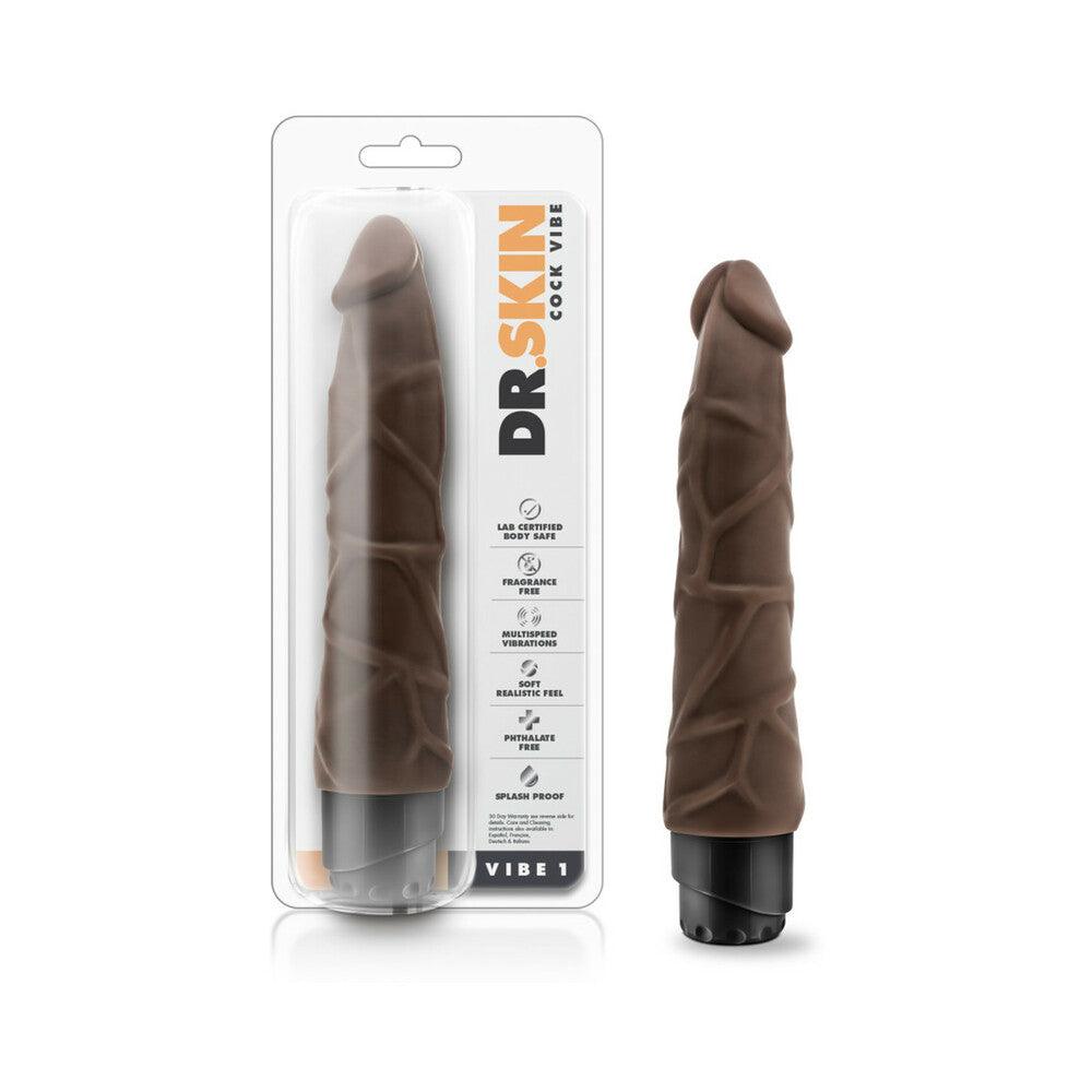 Dr. Skin Vibe 1 realistic 9-inch brown vibrating dildo with flexible shaft and multi-speed vibrations.