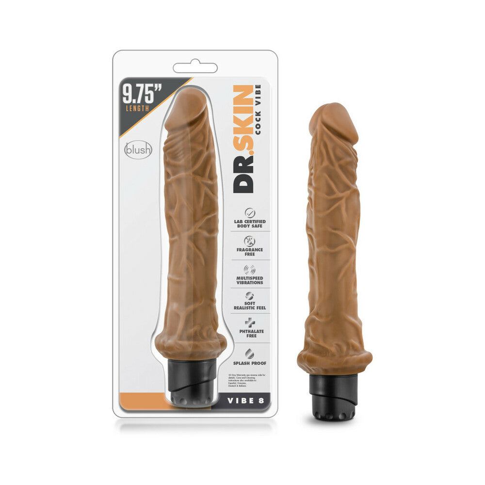 Dr. Skin Vibe 8 realistic 9.75 inch tan vibrating dildo with veiny texture and multi-speed vibration controls