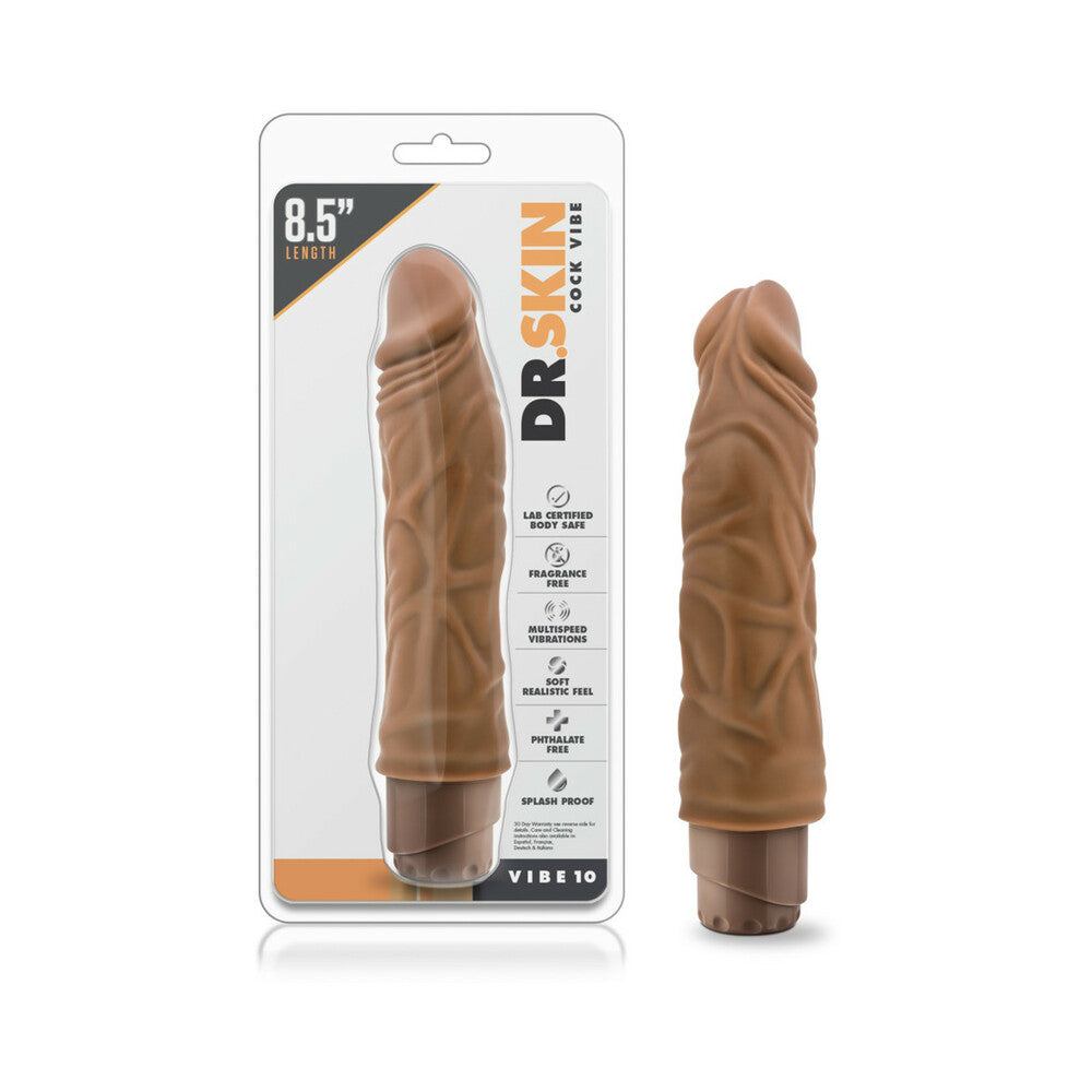 Dr. Skin Vibe 10 realistic 8.5-inch tan vibrating dildo with textured, veiny shaft and adjustable vibration intensity.