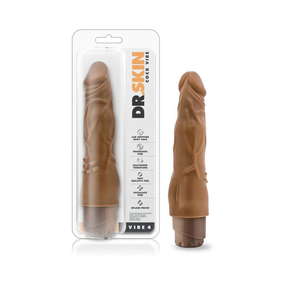 Dr. Skin Vibe 4 realistic tan 8-inch vibrating dildo with flexible shaft and multi-speed vibration features in packaging and outside.