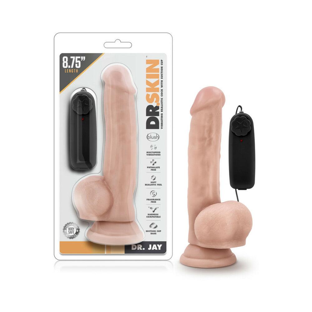 Dr. Skin Dr. Jay realistic 8.75 inch beige vibrating dildo with balls and suction cup base, includes remote control.
