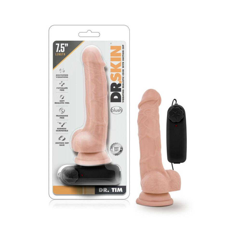 Dr. Skin Dr. Tim 7.5 inch realistic beige vibrating dildo with balls and suction cup base, includes remote control.