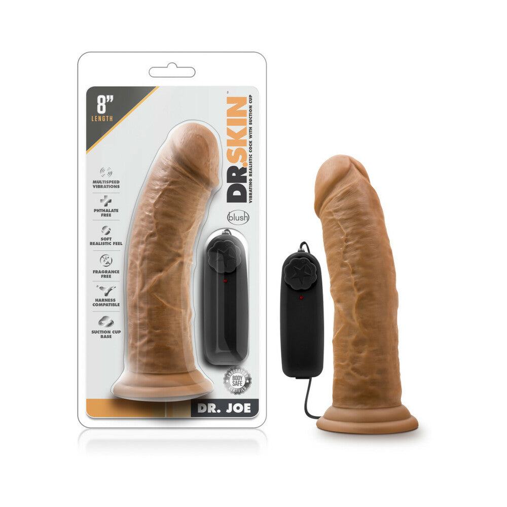 Dr. Skin Dr. Joe 8-inch realistic tan vibrating dildo with suction cup base and remote control packaging and product view