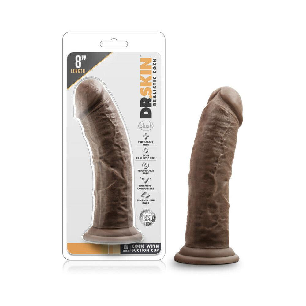 Dr. Skin Realistic 8-inch brown dildo with suction cup base, lifelike texture, and body-safe PVC material.