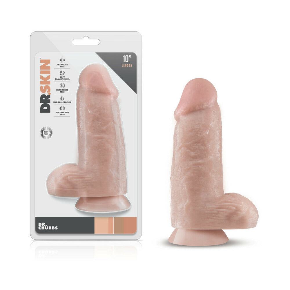Dr. Skin Dr. Chubbs realistic 10-inch beige dildo with suction cup base and balls, lifelike texture and 3.25-inch girth.