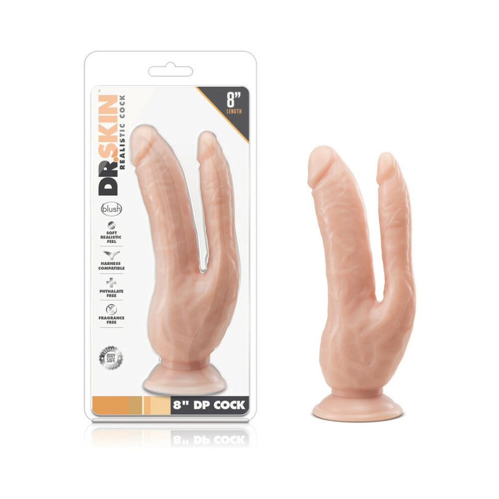 Beige 8-inch realistic dual entry dildo with suction base by Dr. Skin DP Cock