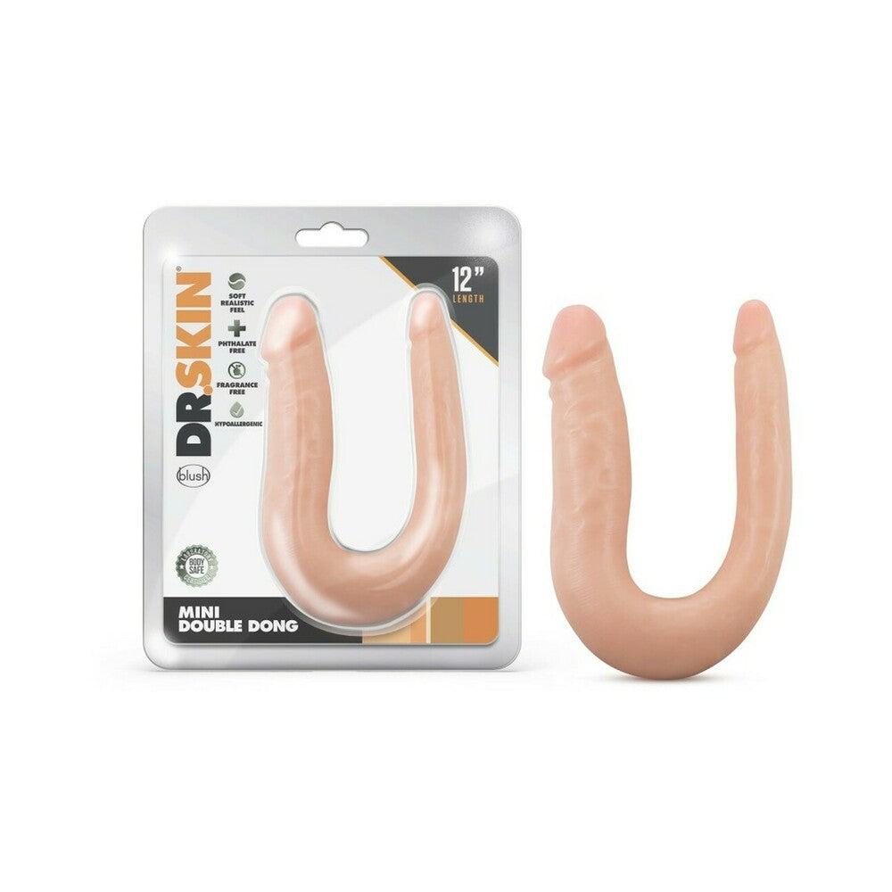 Beige 12-inch dual-ended realistic dildo Dr. Skin Mini Double Dong with soft lifelike texture and two different-sized ends for versatile pleasure