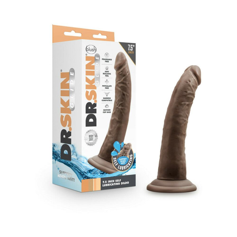 Dr. Skin Glide 7.5 inch realistic brown dildo with self-lubricating feature and suction cup base
