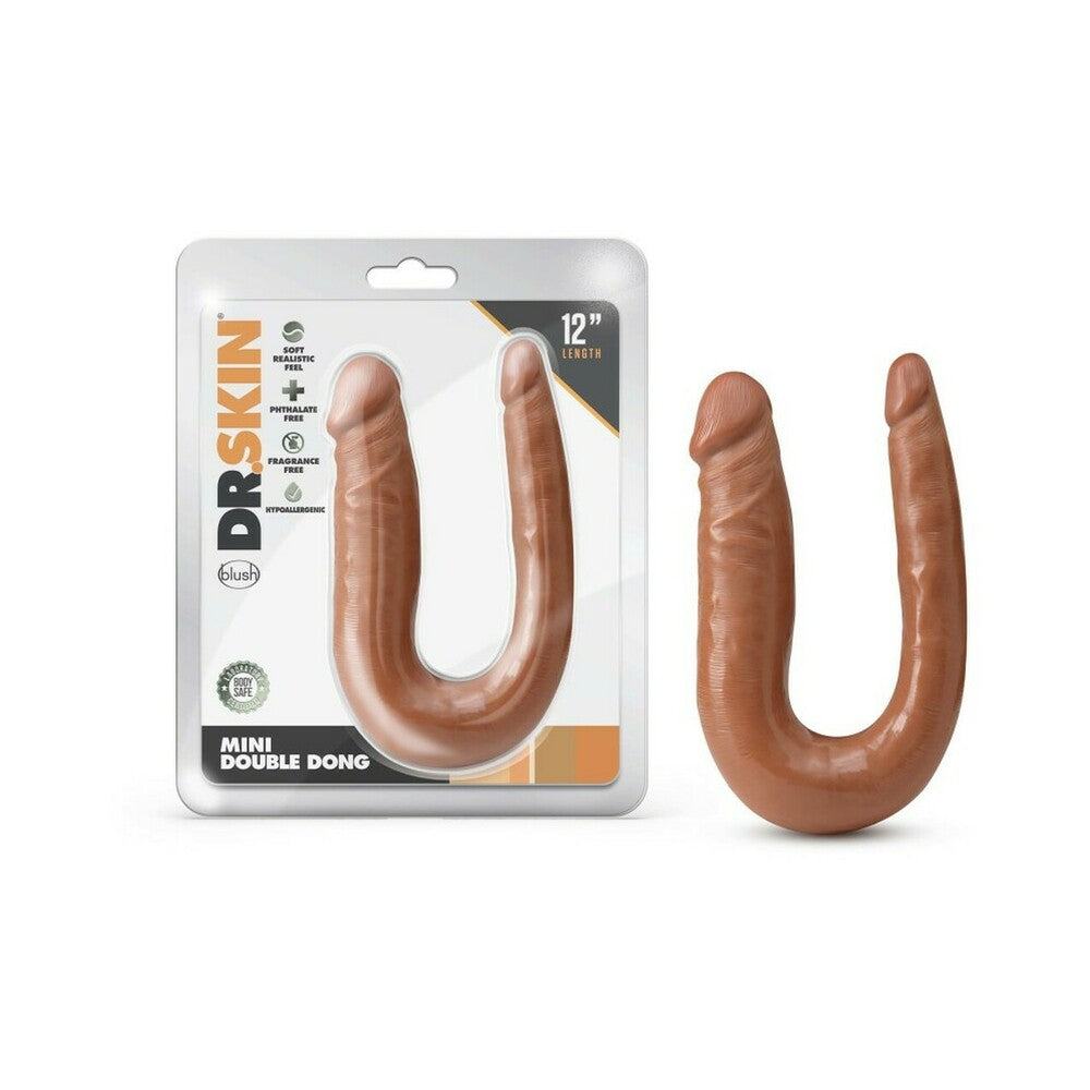 Dr. Skin Mini Double Dong 12-inch dual-ended realistic tan dildo with soft, lifelike texture and U-shaped design for versatile pleasure