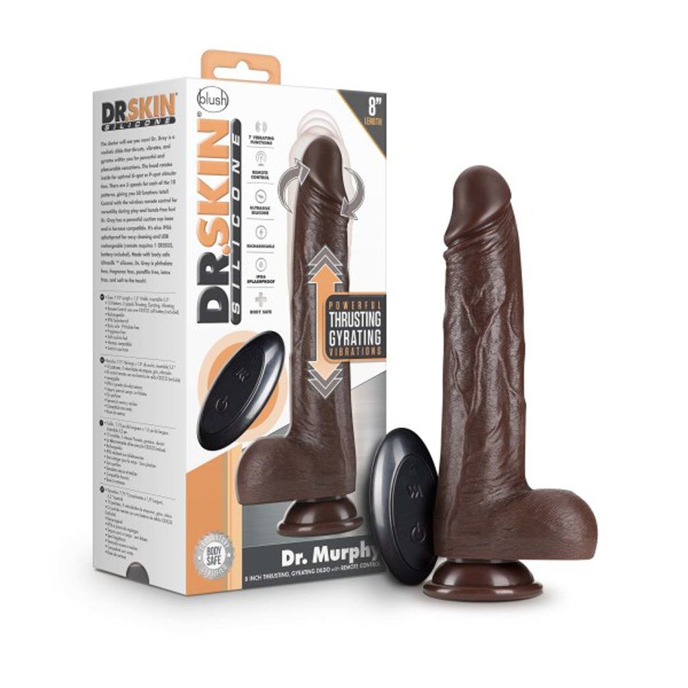 Dr. Skin Dr. Murphy 8-inch realistic brown dildo with balls, remote controlled, multi-speed thrusting and vibrating functions, body-safe silicone, suction base.
