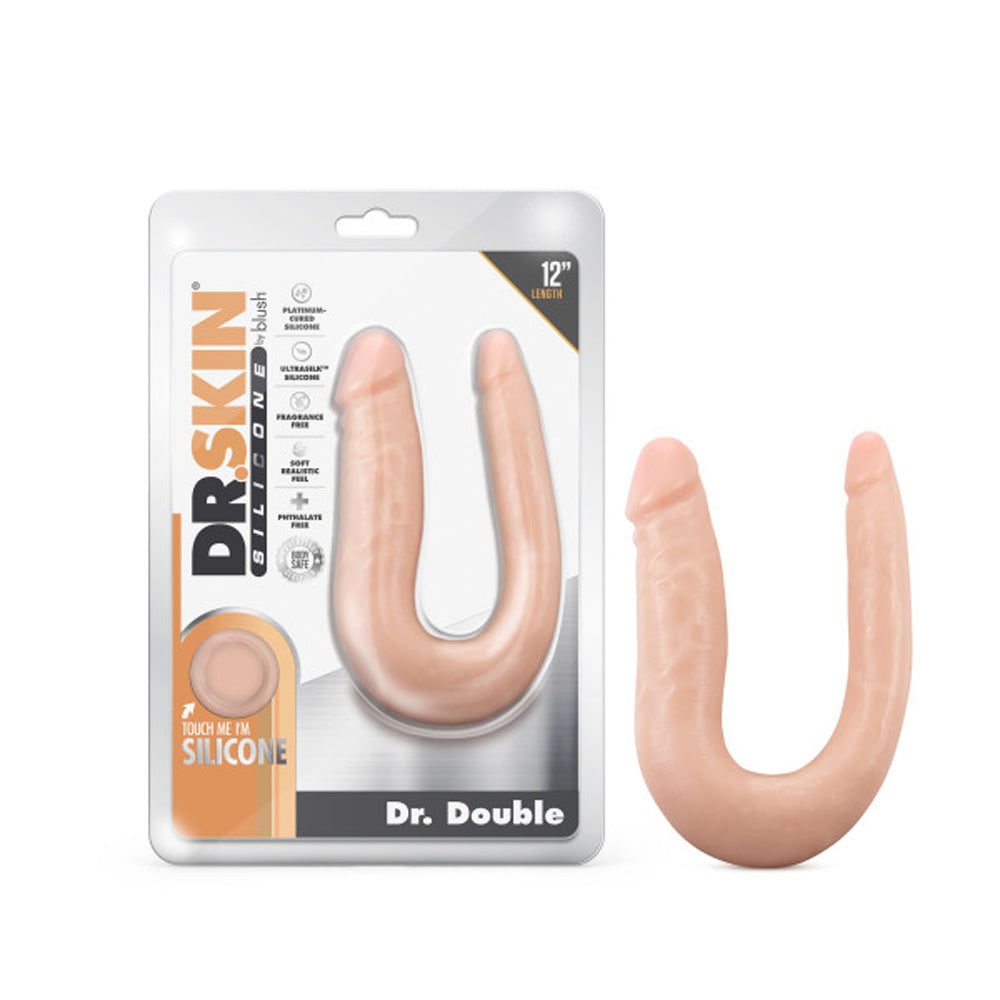 Dr. Skin Silicone 12-inch dual-ended realistic beige dildo with U-shape and smooth finish in retail packaging