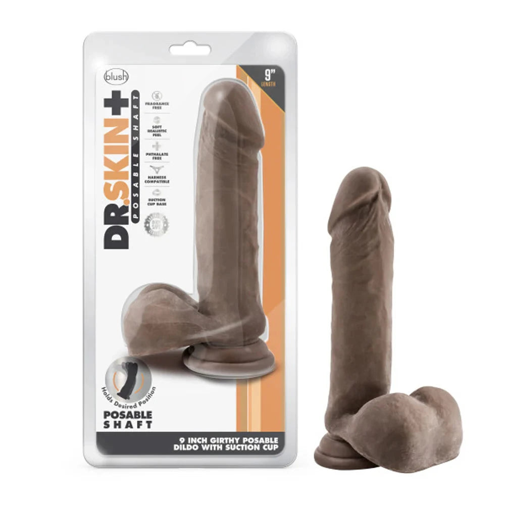 Dr. Skin Plus Thick 9 in. Triple Density Posable Dildo with Balls Brown by Anal Toys & Stimulators