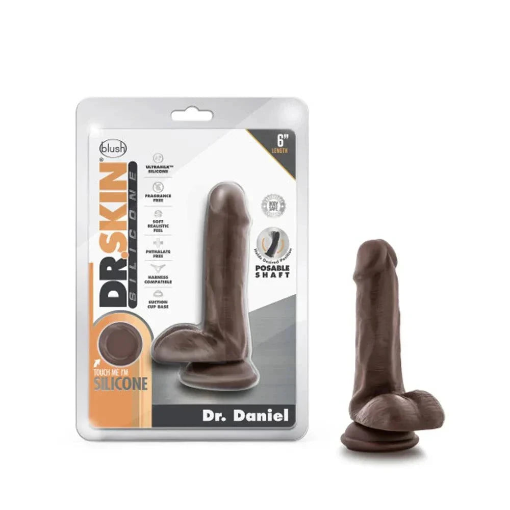 Dr. Skin Silicone Dr. Daniel Realistic 6 in. Posable Dildo with Balls Brown by Anal Toys & Stimulators