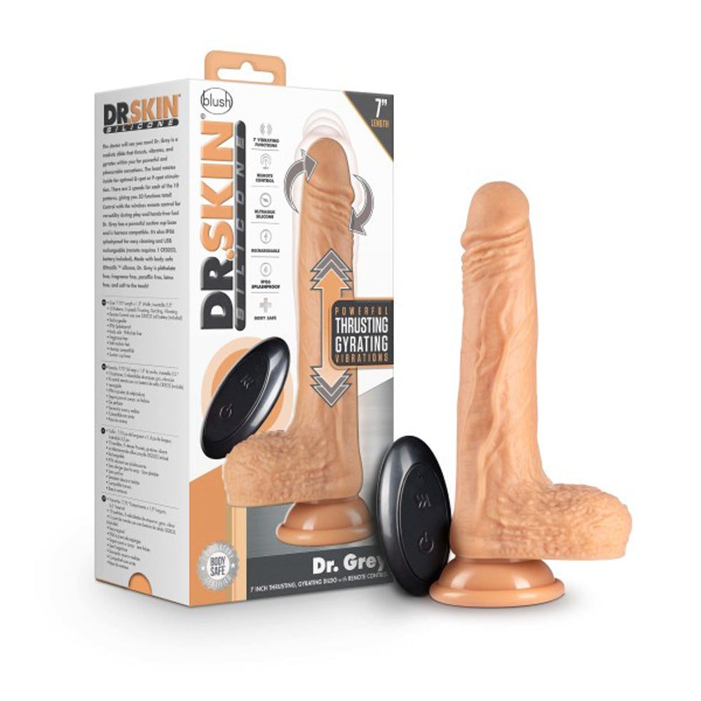 Dr. Skin Dr. Grey 7-inch beige remote-controlled thumping dildo with balls and suction base.