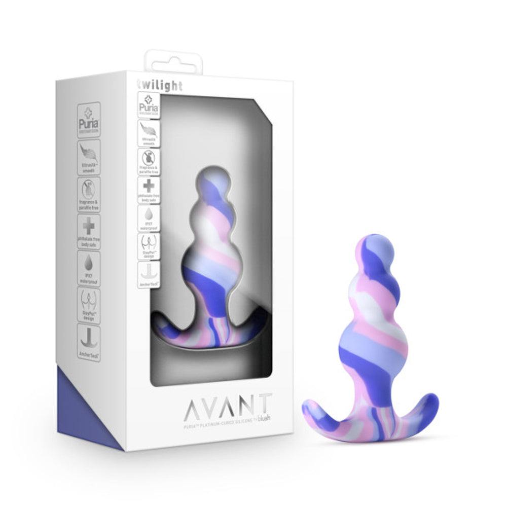 Blush Avant Twilight silicone anal plug in blue with tapered head and three pleasure curves, made of body-safe platinum-cured silicone and featuring StayPut and AnchorTech technology.