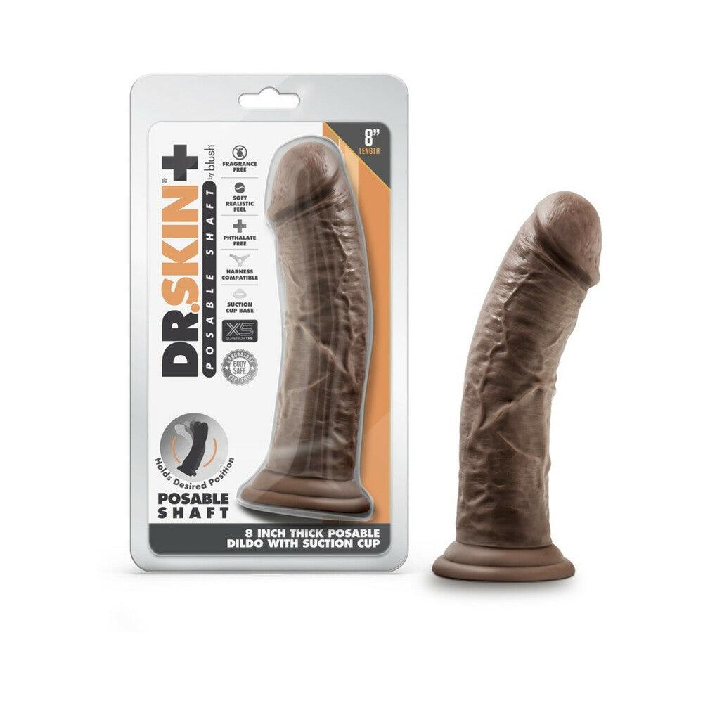 Dr. Skin Plus Thick 8-inch posable brown dildo with triple density and suction cup base.