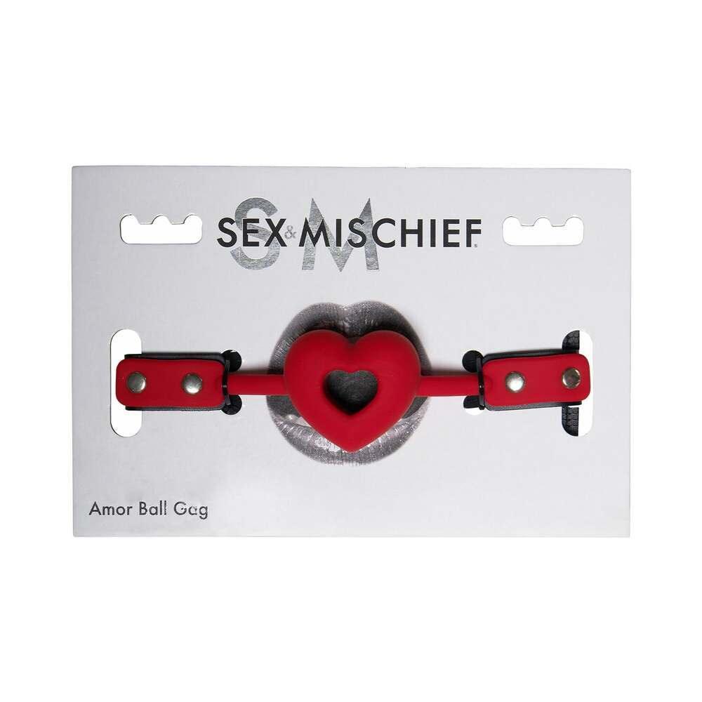 Sportsheets Sex & Mischief Amor breathable red heart-shaped silicone ball gag with adjustable straps on packaging