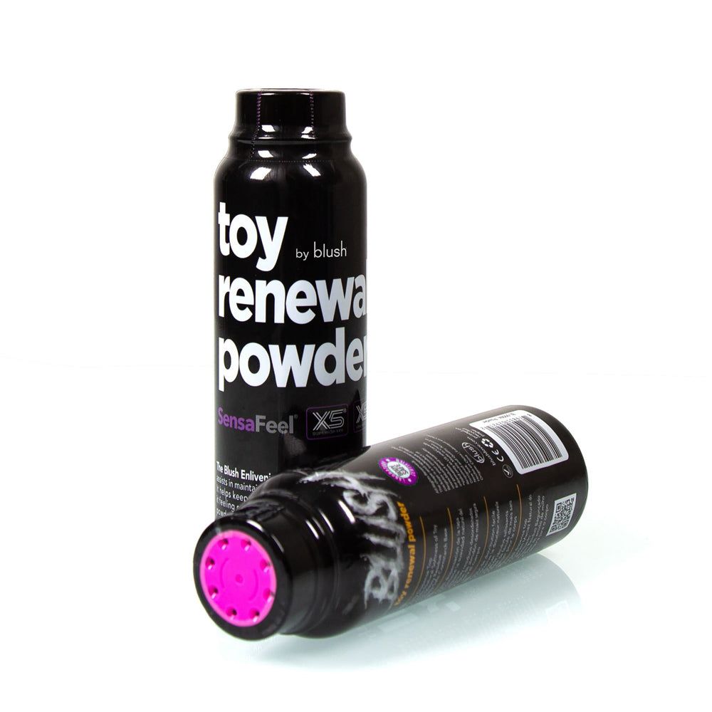 Blush SensaFeel Toy Renewal Powder 3.4 oz black bottle with pink cap for maintaining TPE and TPR stroker toys.