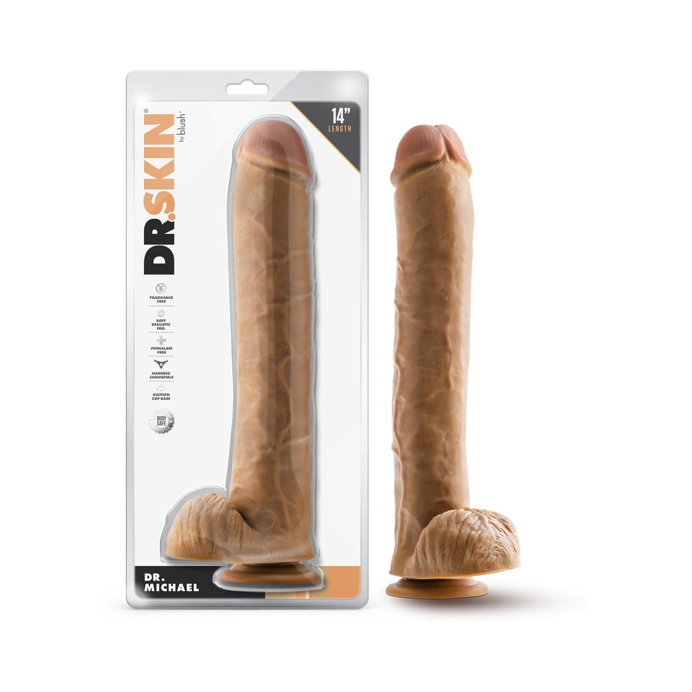 Dr. Skin Dr. Michael 14 inch tan realistic dildo with veins, balls, and suction cup base.