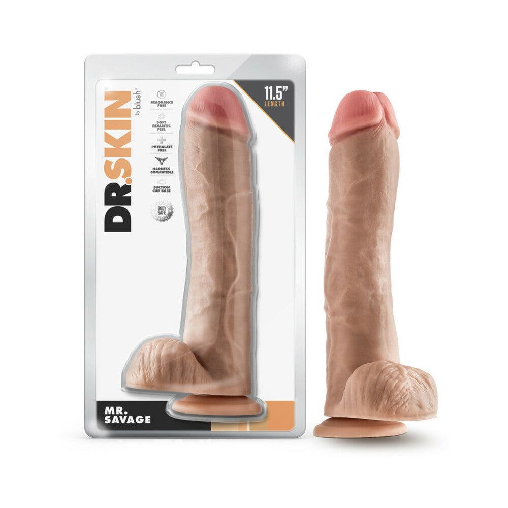 Dr. Skin Mr. Savage 11.5-inch realistic beige dildo with balls and suction cup base in original packaging and standing upright.