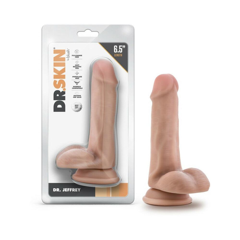 Dr. Jeffrey 6.5 inch beige dildo with balls and suction cup base in packaging and outside, realistic design