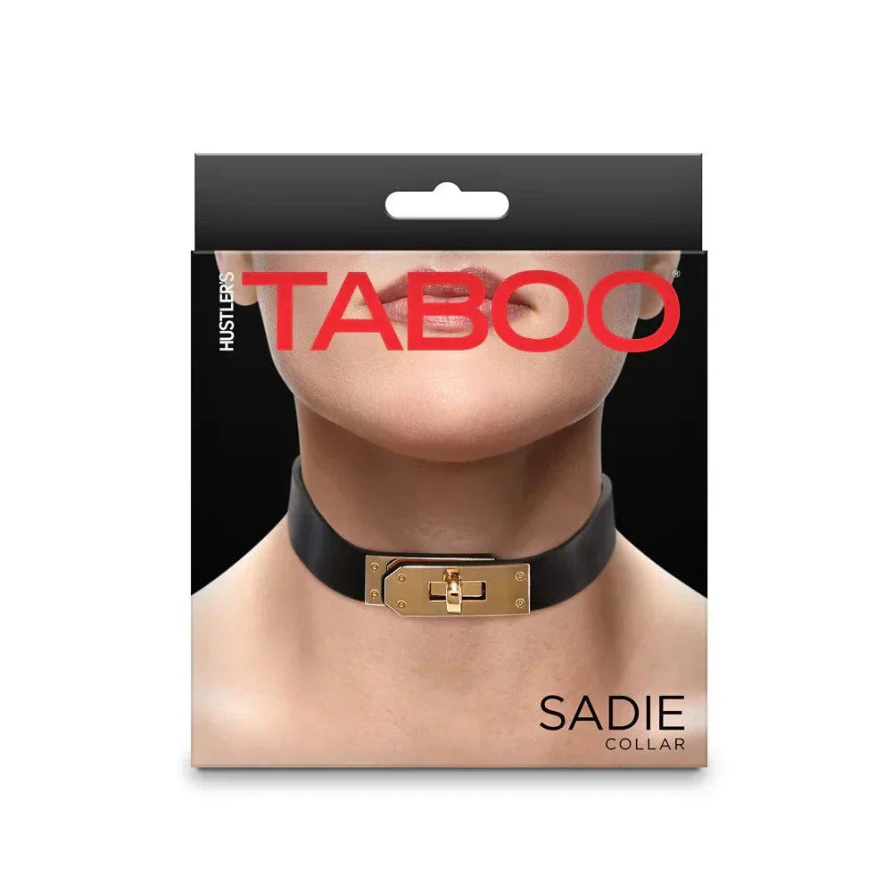 Hustler Taboo Sadie Collar black PU leather choker with gold-tone lock buckle on model's neck in packaging