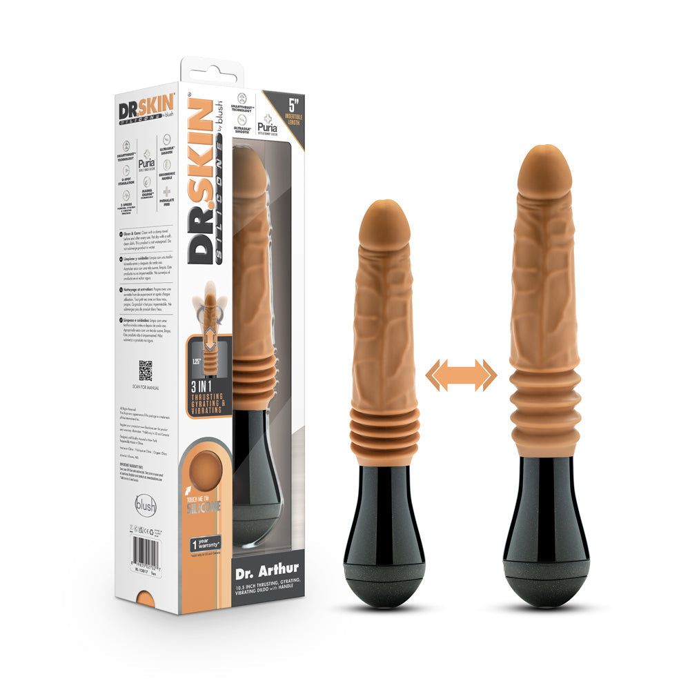Dr. Skin Silicone tan vibrating dildo with thrusting, gyrating features and ergonomic handle.