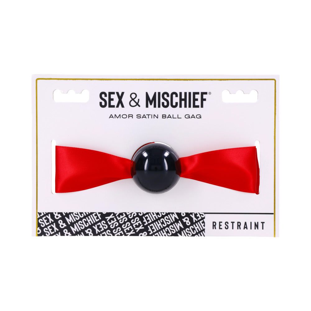 Sportsheets Sex & Mischief Amor Satin Ball Gag with black ball and red satin ribbon restraint in packaging