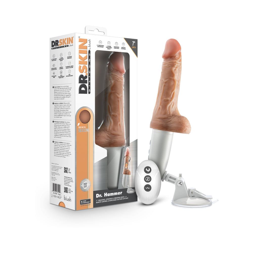 Dr. Skin Silicone 7-inch beige thrusting dildo with handle, suction base, and remote control.