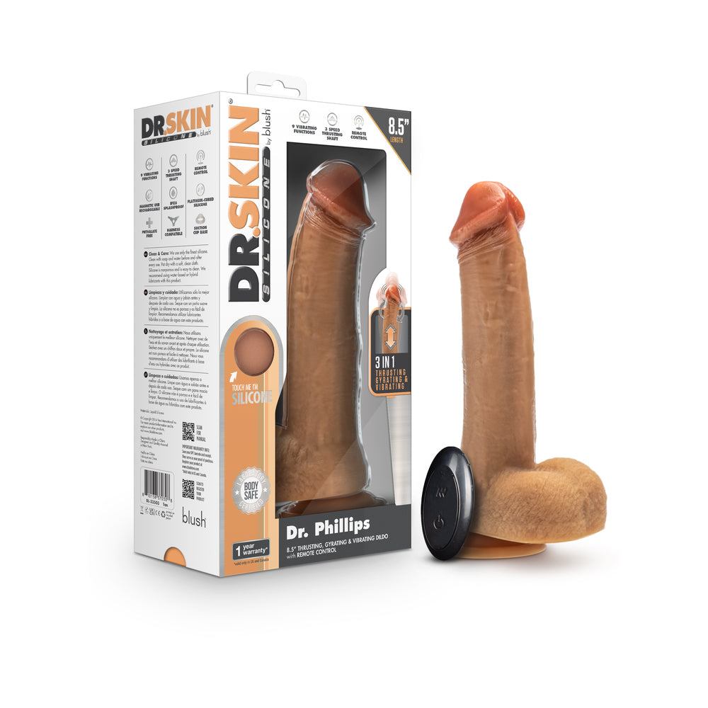 Dr. Skin Silicone Dr. Phillips 8.5-inch tan realistic thrusting dildo with remote control and suction base.