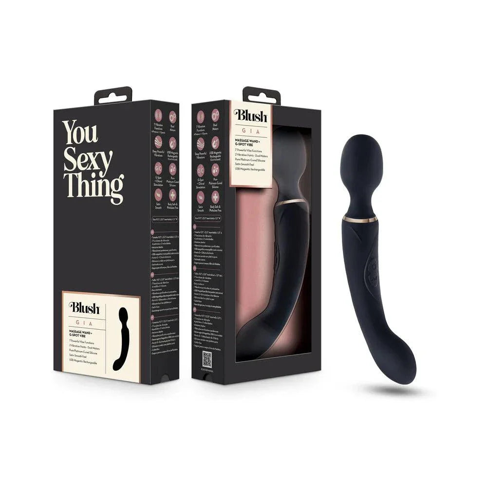 Blush Gia Black dual-ended massager with powerful vibrations and ergonomic design in sleek black color.