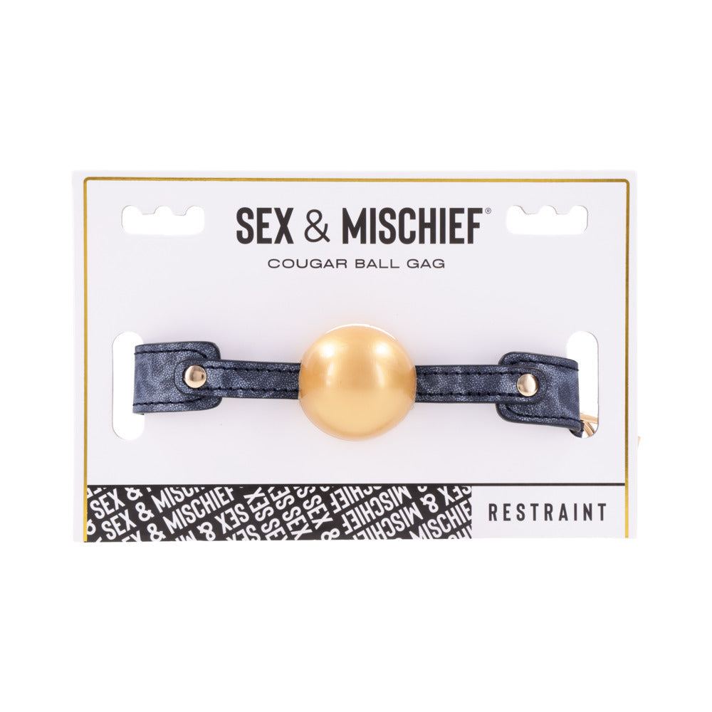 Sportsheets Sex & Mischief Cougar Ball Gag with gold ball and adjustable blue strap for BDSM restraint play